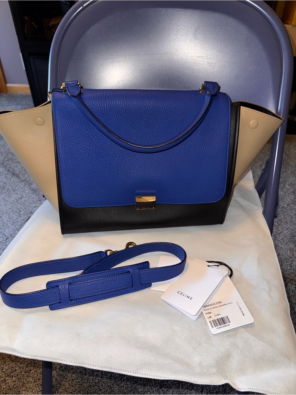 Celine Blue, Black & Cream Leather Medium Trapeze Bag